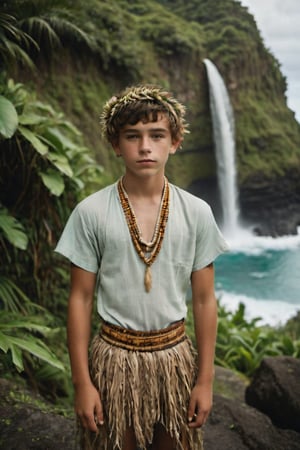 cinematic film still, full body, portrait of 15 year old Irish American teenage boy named Steve, wearing traditional Polynesian clothing, short hair; pacific island with waterfall in the background, ambient light, Nikon 15mm f/1.8G, by Alessio Albi, by Annie Leibowitz, by Lee Jeffries