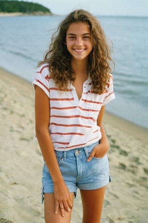 Here's the prompt:

photo of a rich 18-year-old mixed with Brazilian and German tomboy model, with long, wavy hair and a bright, cute smile, posed in a relaxed stance on Cape Cod. She sports a casual look, dressed in cargo shorts and red short sleeves shirt,  exuding a laid-back 'guy' vibe. She is a dyke, she has unshaven legs, Her hazel eyes sparkle under the soft lens of a Kodak Ultra Max disposable camera, capturing her effortless tomboy charm in a full-body shot that's both carefree and captivating.