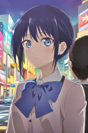 ((best quality)),((highly detailed)),masterpiece,absurdres,detailed face,beautiful face,(detailed eyes, deep eyes),(1girl),((dynamic pose)), ,minase, blue bow, blue eyes, side ponytail, school uniform, blue hair, bangs,walking, at night, (eyes looking away from the viewer:1.3, looking away from viewer:1.3), hands in pocket, nighttime, city streets, neon signs, crowd behind,