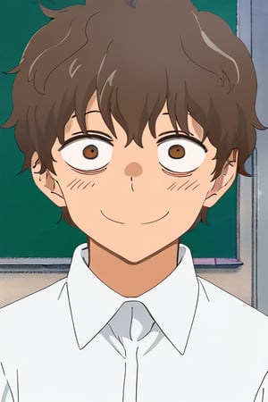 standing, classroom, white shirt, Nagatoro, brown hair, messy hair,brown eyes, smile, 1boy, 