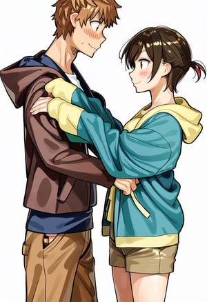 1boy (MIZUHARA CHIZURU), short hair, blush, smile, brown cargo shorts, simple background, shirt, long sleeves, 1boy (KINOSHITA KAZUYA), white background, standing, jacket, hetero, pants, hood, sweatdrop, looking at another, from side, profile, dressing another, same height,