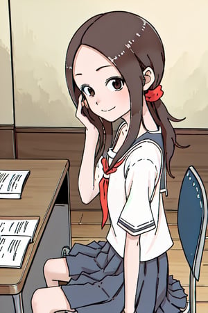 1girl, source_anime, bbtakagi, aged up, solo, long hair, brown hair, parted bangs, collarbone, serafuku, sailor collar, red neckerchief, white shirt, short sleeves, pleated skirt, blue skirt, classroom, sitting, on chair, from side, looking at viewer, hand on own face, desk, smile, elbow on table,