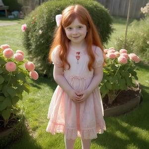 8 year old Nicolette is standing in a sunny garden, her long red hair. She wears a dress with delicate lace details, smiling sweetly as she holds a small stuffed toy. Nearby, her neighbor Zach, a year older, is playing with a toy truck, oblivious to her admiration. Nicolette’s wide, innocent eyes often glance toward him, her soft, rosy cheeks turning slightly pink as she watches him. Even at 8, she’s drawn to him, trying to catch his attention by standing gracefully beside blooming flowers, her heart-shaped pendant glinting in the sunlight.