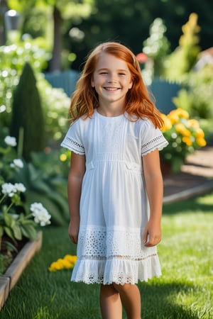 8 year old girl  named Nicolette is standing in a sunny garden, her long red hair. She wears a dress with delicate lace details, smiling sweetly as she holds a small stuffed toy. Nearby, her neighbor Zach, a year older, is playing with a toy truck, oblivious to her admiration.  She was so close and clinched on to him that she gradually became a tomboy, adopted his personality and began to mimick his behavior. She is completely boyish and very masculine. She has a massive crush on Zach and recently they started dating. She is standing for a solo photo. 