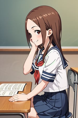 1girl, source_anime, bbtakagi, aged up, solo, long hair, brown hair, parted bangs, collarbone, serafuku, sailor collar, red neckerchief, white shirt, short sleeves, pleated skirt, blue skirt, classroom, sitting, on chair, from side, looking at viewer, hand on own face, desk, smile, elbow on table,