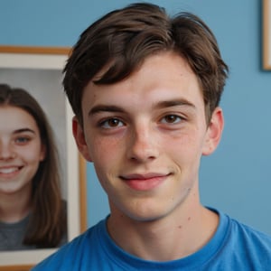 Close-up shot of Zach, a bright-eyed 18 year old transgender man with short, dark brown hair, beaming with a warm smile in front of the camera. Feminine looking boy, think, Framed against a clean and modern school photo setting, blue shirt bold against soft features. Freckles on nose, crease on forehead subtly captured. Zach's confident demeanor takes center stage amidst blurred background colors. Zach has a major crush on his childhood friend named Zach