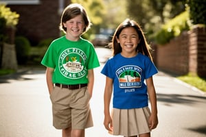 10 year old Irish American boy with brown hair wearing a t shirt, with his best friend who is a 9 year old Asian American girl wearing a skirt,
