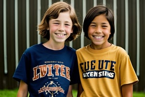 13 year old Irish American boy with short brown hair wearing a t shirt, with his best friend who is a 12 year old Asian American tomboy girl with short hair.both have men's haircuts