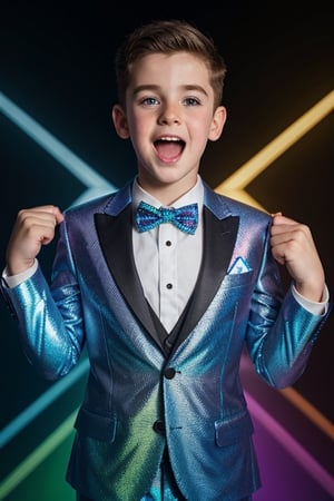 a young Irish American boy in a tuxedo with a chevron pattern, holographic!!!, shimmering and prismatic, holographic material, holographic, sparkly, holographic suit, mouth wide open, shocked,