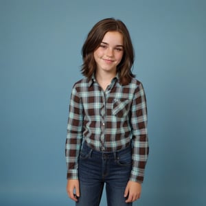 Zoey, an 12-year-old girl with medium short neck length, dark brown hair and bright eyes, beaming with a warm smile in a clean and modern school photo backdrop, her plaid button down shirt pops against soft features. Wearing pants and sneakers, Full body, Freckles on her nose and a subtle crease on her forehead. As a closeted trans person who wants to be a boy, Zoey's presence takes center stage amidst blurred background colors. A gentle flush rises to her cheeks as she thinks of her childhood friend Zach, the object of her secret crush. Upper body 