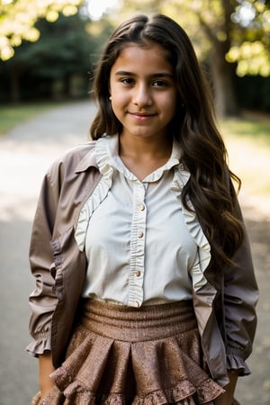 a 12 year old latin girl, (((12yo))),  girl with dark brown hair, and expressive eyes,Full body, light brown eyes, her expression is happy, a natural elegance in her bearing. Rosa is a strong and determined girl, just like her mother. She is passionate and loving, but can also be stubborn and stubborn. She has a crush on her childhood friend named Zach. She usually dresses in comfortable but elegant clothing, (((a jacket, Blouse with ruffles and a long skirt))), 1girl, masterpiece, best quality, high resolution, 8K, HDR, bloom, raytracing, detailed shadows, bokeh, depth of field, film photography, film grain, glare, (wind:0.8), detailed hair, beautiful face, beautiful girl, ultra detailed eyes, cinematic lighting, (hyperdetailed:1.15),