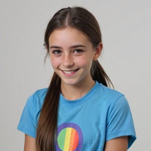 13 year old female tomboy smiling in front od the camera, long dark brown hair, low ponytail, blue shirt, vivid colors and ultra-HD quality, white background. 