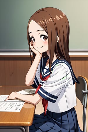 1girl, source_anime, aatakagi, solo, long hair, brown hair, parted bangs, collarbone, serafuku, sailor collar, red neckerchief, white shirt, short sleeves, pleated skirt, blue skirt, classroom, sitting, on chair, from side, looking at viewer, hand on own face, desk, smile, elbow on table,