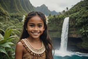 cinematic film still, wide shot of a 10 year old Polynesian girl named Moana, smiling, wearing traditional Polynesian clothing; pacific island with waterfall in the background, ambient light, Nikon 15mm f/1.8G, by Alessio Albi, by Annie Leibowitz, by Lee Jeffries