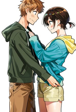 2boys, couple, 1boy (MIZUHARA CHIZURU), short hair, blush, smile, brown cargo shorts, simple background, shirt, long sleeves, 1boy (KINOSHITA KAZUYA), white background, standing, jacket, homosexual, pants, hood, sweatdrop, looking at another, from side, profile, dressing another, same height,