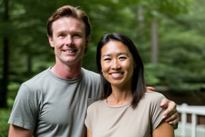30 year old Irish American man with brown hair wearing a t shirt, with his wife who is a 29 year old Asian American woman wearing a dress