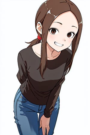 1girl, solo, long hair,low ponytail, looking at viewer, smile, bangs, simple background, brown hair, shirt, long sleeves, white background, brown eyes, sidelocks, pants, grin, parted bangs, black shirt, leaning forward, arms behind back, denim, forehead, jeans, blue pants,exTakagi