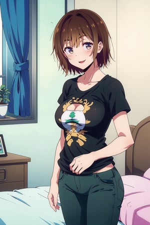 Kanojo anime lineart, Chizuru, kiryuu mizuha, 1girl, black hair, very long hair, bangs, brown eyes, breasts,

short sleeves, black shirt, t-shirt, shirt, 1girl,  black pants, 

smile,

looking at viewer, indoors, bedroom,

highest quality, masterpiece, best quality, highly detailed, perfect scenery, perfect lighting, perfect scenery, uncensored, high resolution, unity 8k wallpaper, (illustration:0.8), beautiful detailed eyes, negative_hand, negative_hand-neg, uncensored,