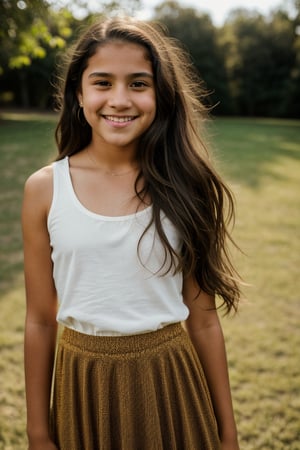 a 12 year old Latina girl, (((12yo))),  cute preteen girl with dark brown hair, and expressive eyes, Full body, brown eyes, her expression joyful, open smile, a natural elegance in her bearing.  Rosa is a strong and determined girl, just like her mother. She is passionate and loving, but can also be stubborn. She has a major crush on her childhood friend 13 year old Irish American boy named Zach. She dresses in clothing, ((a long dress and a long skirt)), 1girl, full body, masterpiece, best quality, high resolution, 8K, HDR, bloom, raytracing, detailed shadows, bokeh, depth of field, film photography, film grain, glare, (wind:0.8), detailed hair, ultra detailed eyes, cinematic lighting, (hyperdetailed:1.15),