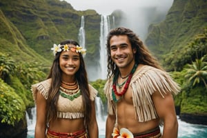 cinematic film still, full shot of 30 year old teenage Irish American man named Steve, wearing traditional Polynesian clothing, long hair; standing beside an aged up 30 year old Polynesian woman named Moana, smiling; pacific island with waterfall in the background, ambient light, Nikon 15mm f/1.8G, by Alessio Albi, by Annie Leibowitz, by Lee Jeffries