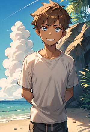 score_9, score_8_up, score_7_up, score_6_up, score_5_up, score_4_up, BREAK, source_anime, tomboy, brown hair, blue eyes, dark skin,arms behind back, smile, solo, looking at viewer, sea, sand, blue sky, tropical island background