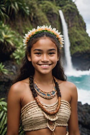 cinematic film still,Portrait of a 15 year old  polynesian teenage girl named Moana, wearing traditional Polynesian clothing, smiling; pacific island with waterfall in the background, ambient light, Nikon 15mm f/1.8G, by Alessio Albi, by Annie Leibowitz, by Lee Jeffries