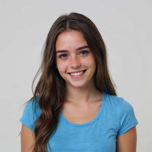 young girl smiling in front od the camera, long dark brown hair, blue shirt, vivid colors and ultra-HD quality, white background. 