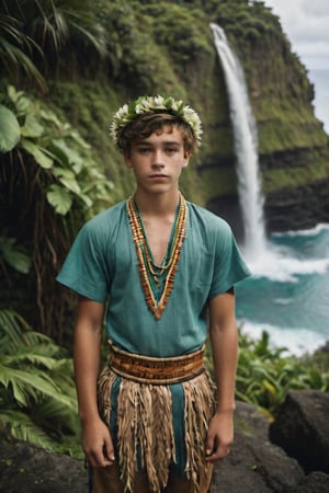 cinematic film still, full body, portrait of 15 year old Irish American teenage boy named Steve, wearing traditional Polynesian clothing, short hair; pacific island with waterfall in the background, ambient light, Nikon 15mm f/1.8G, by Alessio Albi, by Annie Leibowitz, by Lee Jeffries