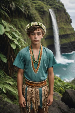 cinematic film still, full body, portrait of 14 year old Irish American teenage boy named Steve, wearing traditional Polynesian clothing, short hair; pacific island with waterfall in the background, ambient light, Nikon 15mm f/1.8G, by Alessio Albi, by Annie Leibowitz, by Lee Jeffries