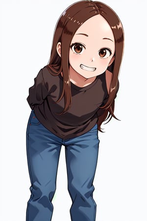 1girl, solo, long hair, looking at viewer, smile, bangs, simple background, brown hair, shirt, long sleeves, white background, brown eyes, sidelocks, pants, grin, parted bangs, black shirt, leaning forward, arms behind back, denim, forehead, jeans, blue pants,aatakagi