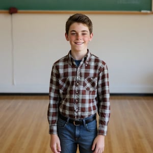 Zach, an 13-year-old transgender boy with short, dark brown hair and bright eyes, beaming with a warm smile in a clean and modern school photo backdrop, his plaid button down shirt pops against soft features. Wearing pants and sneakers, Full body, Freckles on his nose and a subtle crease on his forehead. Zach's presence takes center stage amidst blurred background colors. Is dating his childhood friend who is also named Zach. Upper body 