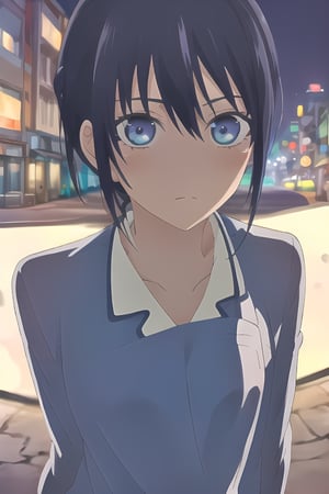 ((best quality)),((highly detailed)),masterpiece,absurdres,detailed face,beautiful face,(detailed eyes, deep eyes),(1girl),((dynamic pose)), ,minase, blue eyes, school uniform, long hair, blue hair, bangs,walking, at night, (eyes looking away from the viewer:1.3, looking away from viewer:1.3), hands in pocket, nighttime, city streets, neon signs, crowd behind,