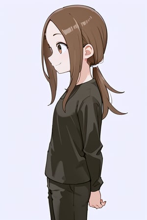 1girl, long hair, low ponytail, smile, bangs,  simple background, brown hair, white background, brown eyes, closed mouth, standing, black shirt, from side, parted bangs, profile, arms behind back, black pants, forehead, motoTakagi, low ponyt