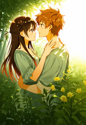 A tender moment captures a besotted couple, MIZUHARA CHIZURU and KINOSHITA KAZUYA, as they stroll hand in hand along a sun-drenched canal. Soft focus and warm lighting envelop the pair, highlighting their joyous laughter and gentle smiles. The camera pans out to reveal a serene cityscape, with blooming flowers and lush greenery adding to the romantic ambiance.