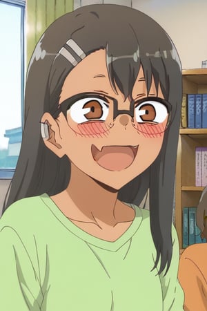 1girl, long hair, blush, smile, open mouth, bangs, brown hair, shirt, black hair, hair ornament, 1boy, brown eyes, collarbone, :d, hetero, glasses, hairclip, fang, indoors, dark skin, dark-skinned female, book, window, tan, curtains, green shirt, bookshelf, nagatoro  and senpainagatoro