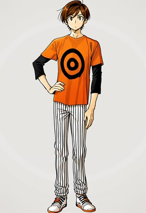 solo, white background, looking at viewer, brown hair, shirt, 1boy, brown eyes, standing, full body, male focus, shoes, striped pants, hand on hip, white footwear, t-shirt, orange shirt, spiral print shirt, sneakers, mizuhara chizuru