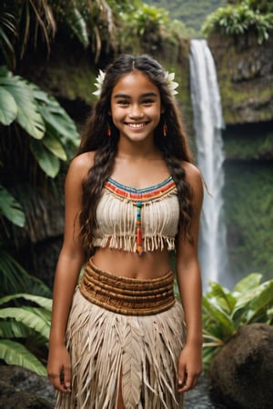 cinematic film still, full body, Portrait of a 15 year old polynesian teenage girl named Moana, wearing traditional Polynesian clothing, smiling; pacific island with waterfall in the background, ambient light, Nikon 15mm f/1.8G, by Alessio Albi, by Annie Leibowitz, by Lee Jeffries