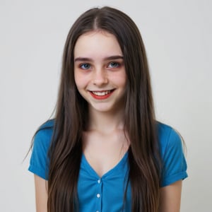 14 year old vampire girl smiling in front od the camera, long hair, blue shirt, vivid colors and ultra-HD quality, white background. 