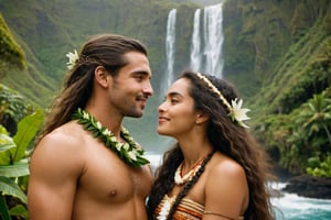 cinematic film still, full shot of 30 year old teenage Irish American man named Steve, wearing traditional Polynesian clothing, long hair; standing beside an aged up 30 year old Polynesian woman named Moana, smiling; kissing each other on the lips, pacific island with waterfall in the background, ambient light, Nikon 15mm f/1.8G, by Alessio Albi, by Annie Leibowitz, by Lee Jeffries