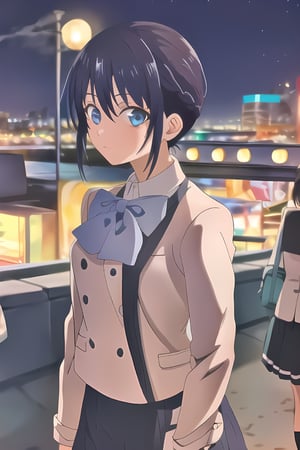 ((best quality)),((highly detailed)),masterpiece,absurdres,detailed face,beautiful face,(detailed eyes, deep eyes),(1girl),((dynamic pose)), ,minase, blue eyes, school uniform, short hair, blue hair, bangs,walking, at night, (eyes looking away from the viewer:1.3, looking away from viewer:1.3), hands in pocket, nighttime, city streets, neon signs, crowd behind,