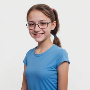 13 year old girl girl smiling in front od the camera, dark brown hair, tied in ponytail, glasses, nerdy, blue shirt, vivid colors and ultra-HD quality, white background. 