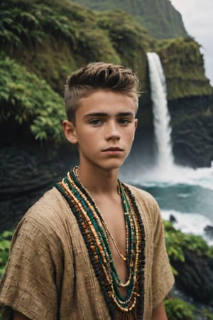 cinematic film still, full shot of 15 year old Irish American teenage boy named Steve, wearing traditional Polynesian clothing, short hair; pacific island with waterfall in the background, ambient light, Nikon 15mm f/1.8G, by Alessio Albi, by Annie Leibowitz, by Lee Jeffries