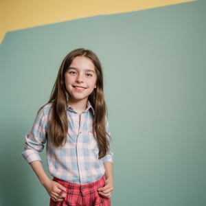Solo, Zoey, an 11-year-old girl with long, dark brown hair and bright eyes, beaming with a big wide open smile in a clean and modern school photo backdrop, her plaid button down shirt pops against soft features. Wearing pants and sneakers, Full body, Freckles on her nose and a subtle crease on her forehead. As a closeted trans person who wants to be a boy, Zoey's presence takes center stage amidst blurred background colors. A gentle flush rises to her cheeks as she thinks of her childhood friend Zach, the object of her secret crush.