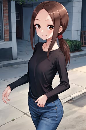 A stunning masterpiece! bbtakagi, A young woman with long, flowing hair, low ponytail, she walks confidently down the street. Brown eyes, smiling, looking at viewer, She wears a black shirt with long sleeves, paired with blue jeans. The framing is cinematic, a cowboy-shot perspective that captures her essence as she strides effortlessly into the frame.