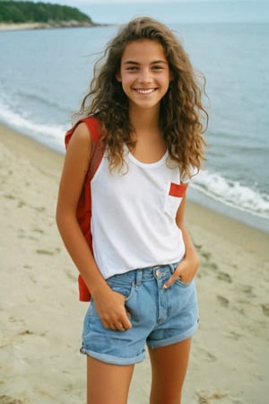 Here's the prompt:

photo of a rich 18-year-old mixed with Brazilian and German tomboy model, with long, wavy hair and a bright, cute smile, posed in a relaxed stance on Cape Cod. She sports a casual look, dressed in cargo shorts and red short sleeves shirt,  exuding a laid-back 'guy' vibe. She is a dyke, Her hazel eyes sparkle under the soft lens of a Kodak Ultra Max disposable camera, capturing her effortless tomboy charm in a full-body shot that's both carefree and captivating.
