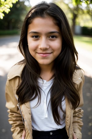 a 12 year old latin girl, (((12yo))),  girl with dark brown hair, and expressive eyes,Full body, light brown eyes, her expression is happy, a natural elegance in her bearing. She is slender and has legs  Rosa is a strong and determined girl, just like her mother. She is passionate and loving, but can also be stubborn and stubborn. She has a crush on her childhood friend named Zach. She usually dresses in feminine clothing, (((a jacket, shirt and pants))), 1girl, masterpiece, best quality, high resolution, 8K, HDR, bloom, raytracing, detailed shadows, bokeh, depth of field, film photography, film grain, glare, (wind:0.8), detailed hair, beautiful face, beautiful girl, ultra detailed eyes, cinematic lighting, (hyperdetailed:1.15),