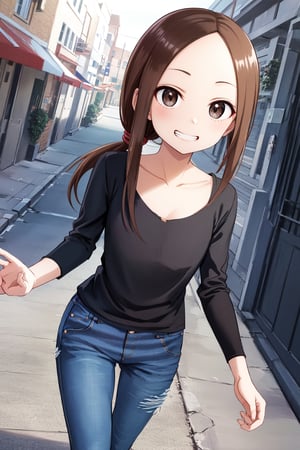 A stunning masterpiece, aatakagi, A girl with long, flowing locks tied back in a sleek low ponytail, her collarbone prominent as she walks confidently down the street. She is giving a grin, She wears a fitted black shirt with long sleeves, paired with distressed blue jeans. The framing is cinematic, a cowboy-shot perspective that captures her essence as she strides effortlessly into the frame.