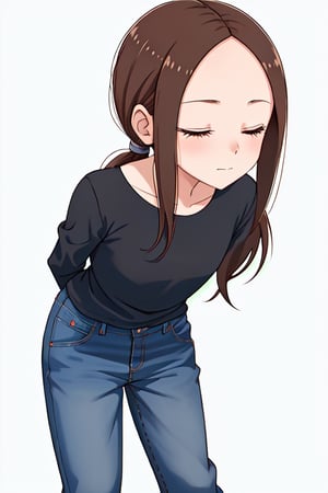 1girl, solo, long hair, low ponytail, kiss, bangs, simple background, brown hair, shirt, long sleeves, white background, eyes closed, sidelocks, pants, parted bangs, black shirt, leaning forward, arms behind back, denim, forehead, jeans, blue pants, bbtakagi, aged up,