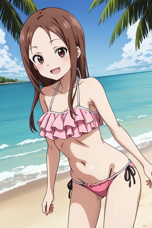 source_anime, bbtakagi, solo, long hair, brown hair, parted bangs, frilled bikini, pink bikini, , standing, cowboy shot, smile, beach, straight-on, 