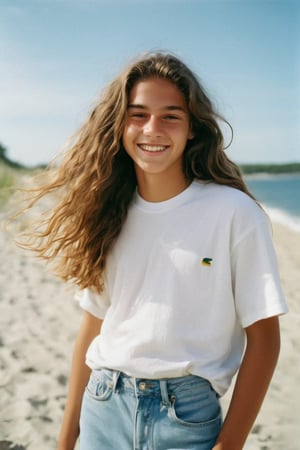 photo of a rich 18-year-old mixed with Brazilian and German tomboy model, living in Cape Cod, long masculine wavy hair, cute smile and face,  teenager, tomboy, full body, hazel eyes, Kodak ultra max disposable cinematic photography, soft lense